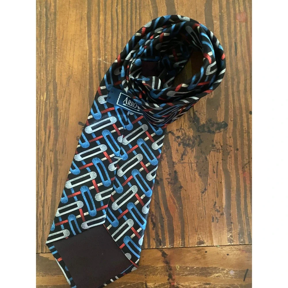 Arrow‎ Mens Tie 100% Italian Silk Geometric Chain Link Blue Red Silver Black USA
